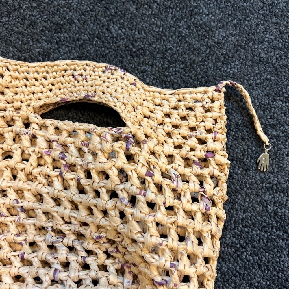 Tan Woven Straw Bag Bucket Shopper Beach Tote Boho Purple Details - Picture 3 of 6